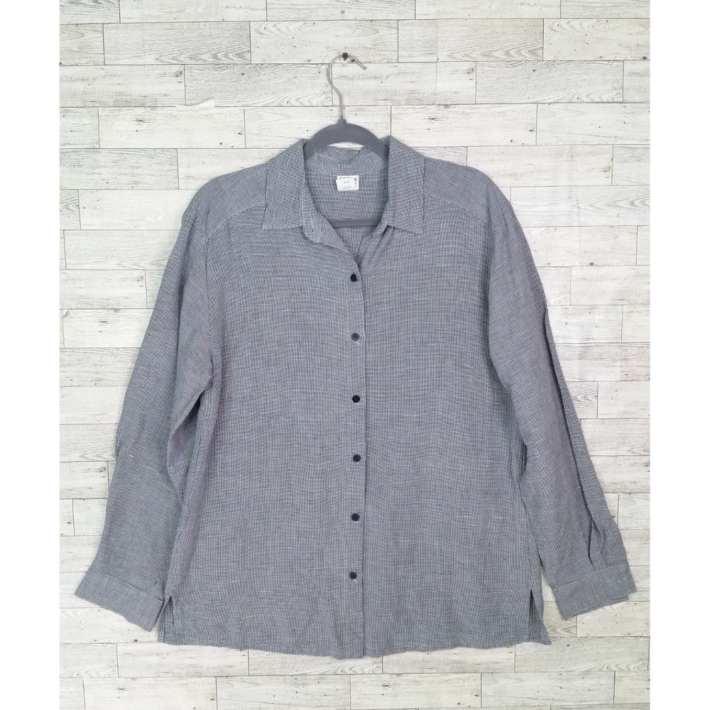 Eileen Fisher Checkered Print Button Down Long Sleeve Shirt Black Gray Size S